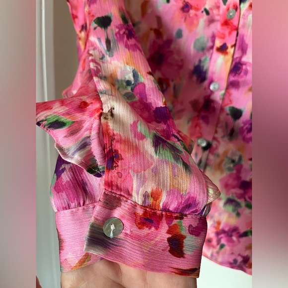 ZARA Pink Floral Button Down Long Sleeve Sheer Blouse with Collar Women’s Size S - Picture 10 of 13